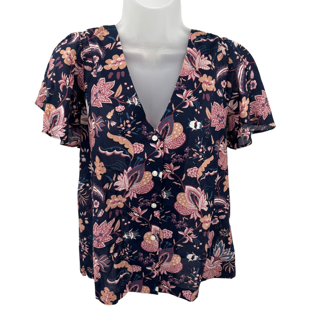 Trovata Birds Of Paradis Navy Floral‎ Flutter Sleeve Button Top Blouse Womens S